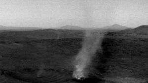 A rover camera at Witch Hazel Hill on Mars recorded a dust devil about 210 feet wide pulling a 16 foot whirlwind into itself, while two more spun in the background 53 Jezero Crater dust devil swallowing a smaller one on the Martian surface, witch hazel hill
