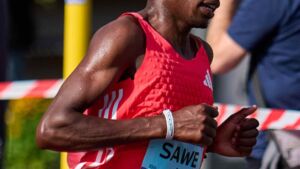 Sabastian Sawe ran 1:59:30 over the full marathon distance in London, and the two hour barrier fell for the first time in a race that counts toward the official world record 28 A runner mid-stride at the London Marathon finish line during the sub two hour marathon world record, sabastian sawe ran