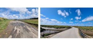 A tidal causeway on England's northwest coast serves around 25 homes and vanishes under the sea twice a day, so crews got only one workable week each month to lay a new sealed surface 31 Fresh asphalt on the Sunderland Point tidal causeway with seawater creeping in from both sides