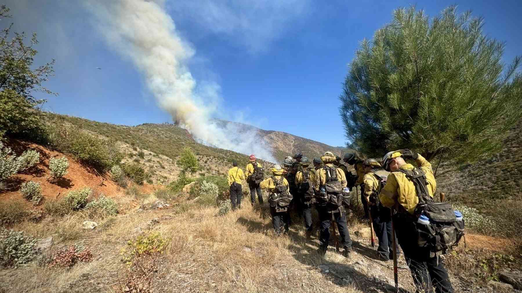 Air tankers laid retardant lines around a 46 acre blaze near French Gulch, California, yet windblown embers kept drifting past them to start fresh spot fires in unburned brush ahead of the main fire 1 Embers crossing a fire retardant line above French Gulch, California during the Fork Fire, air tankers laid