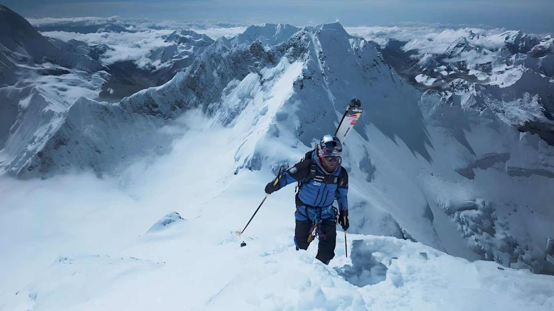Skier descending Everest without supplemental oxygen through thin high altitude air, climber spent nearly