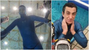 A Croatian freediver lay motionless for 29 minutes on a shallow hotel pool floor, which set a new world breath hold record 18 Freediver lying still underwater during a 29 minute breath hold record attempt, croatian freediver lay