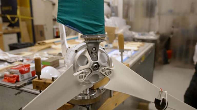 Woven bamboo mycelium wind turbine blade spinning on a lab test rig, engineers say roughly