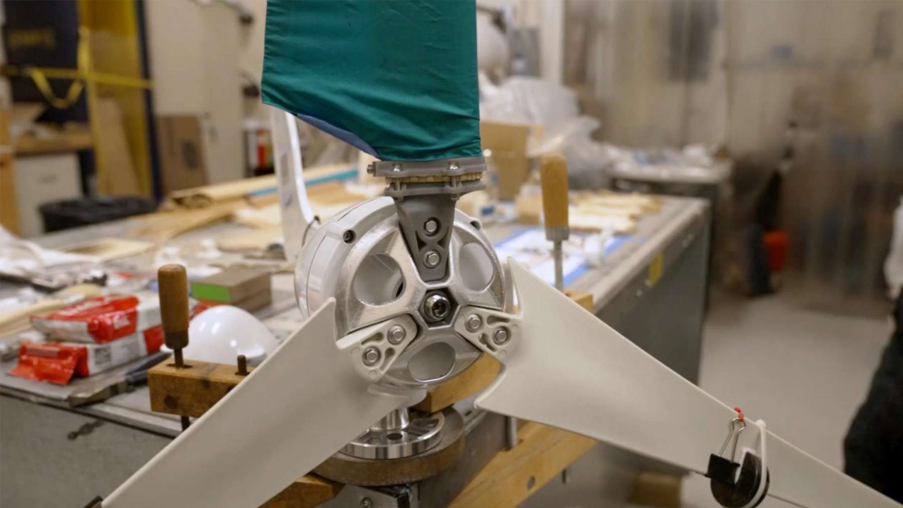 Woven bamboo mycelium wind turbine blade spinning on a lab test rig, engineers say roughly