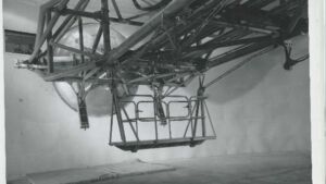 A recliner spun for 24 hours on a Pennsylvania centrifuge arm at double gravity, and the scientist riding inside came out extremely fatigued but able to walk and talk 7 Centrifuge gondola spinning during the double gravity 24 hours endurance test, pennsylvania centrifuge arm