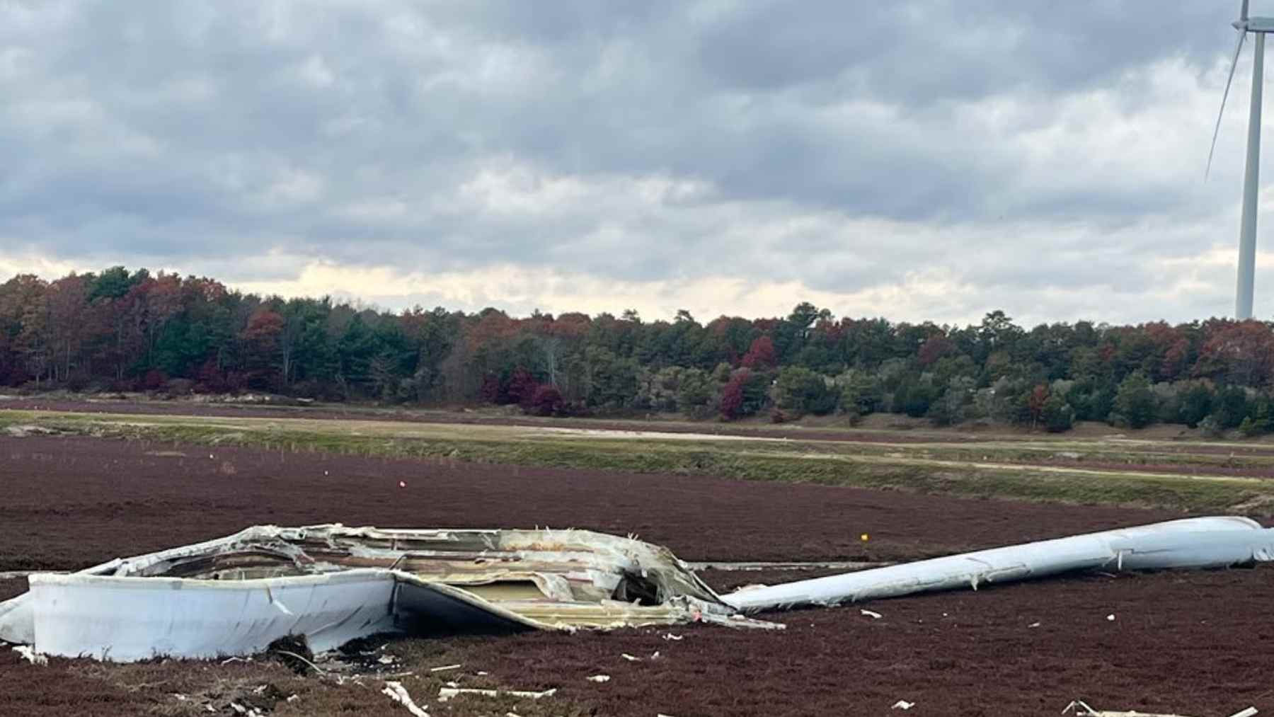 A wind turbine blade over a Plymouth cranberry bog broke off after 9 years and landed hundreds of feet from the tower, but investigators have not said why