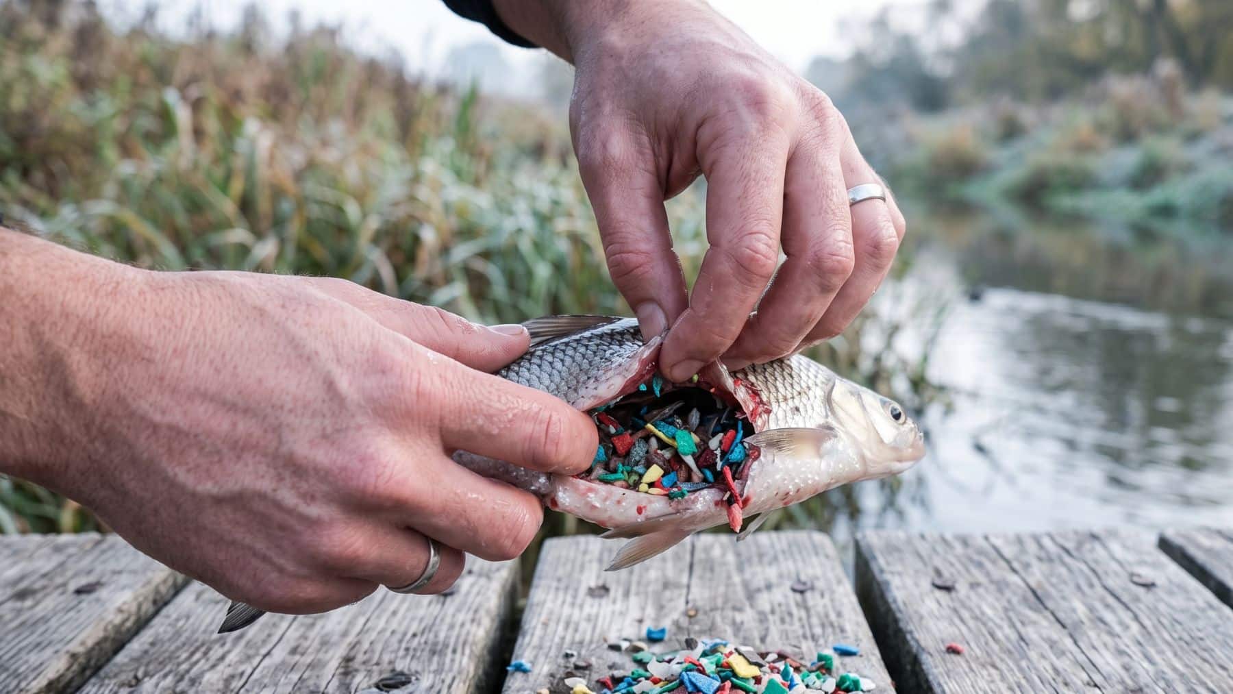 Nearly 1 in 5 tons of the world's plastic goes into construction, and researchers keep finding those same plastic particles lodged inside the river fish that families catch on weekend mornings 1 A hand pulling plastic particles from a river fish