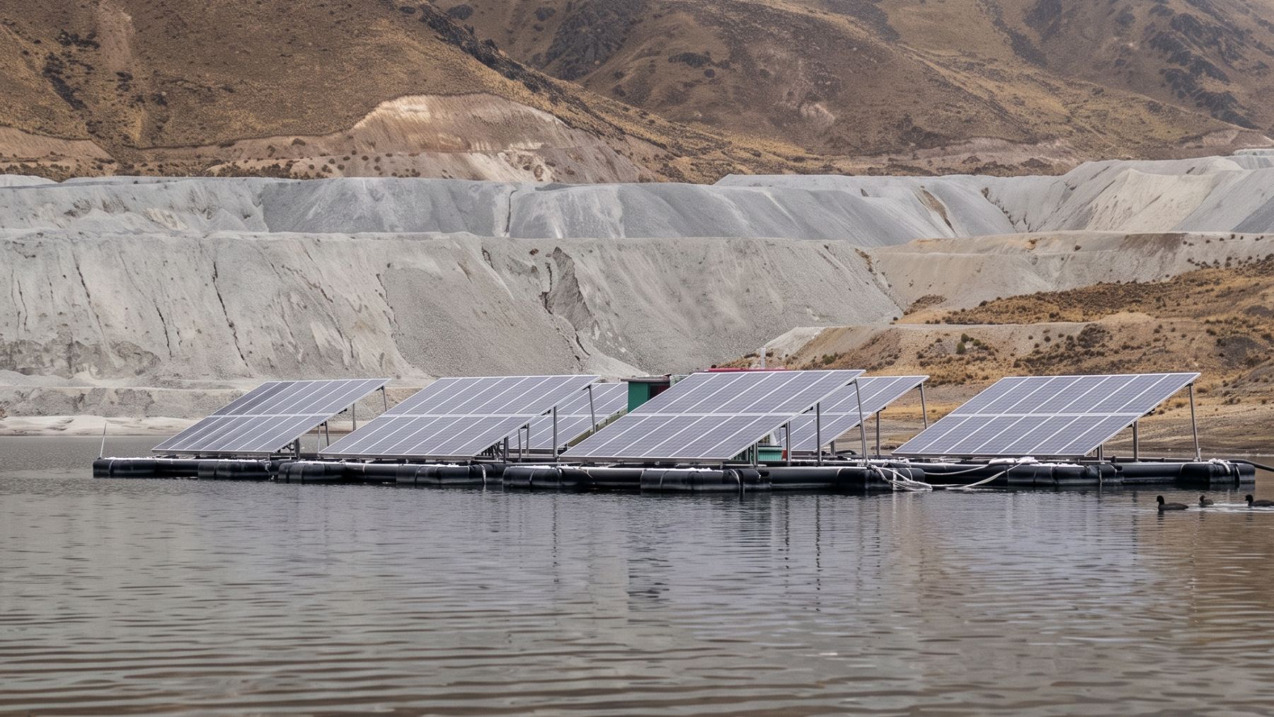 A copper mine in the Andes anchored 256 floating solar panels over its waste pond, and the thing that plant was built to save has nothing to do with electricity 1 Floating solar panels anchored on a mining pond in the Andes