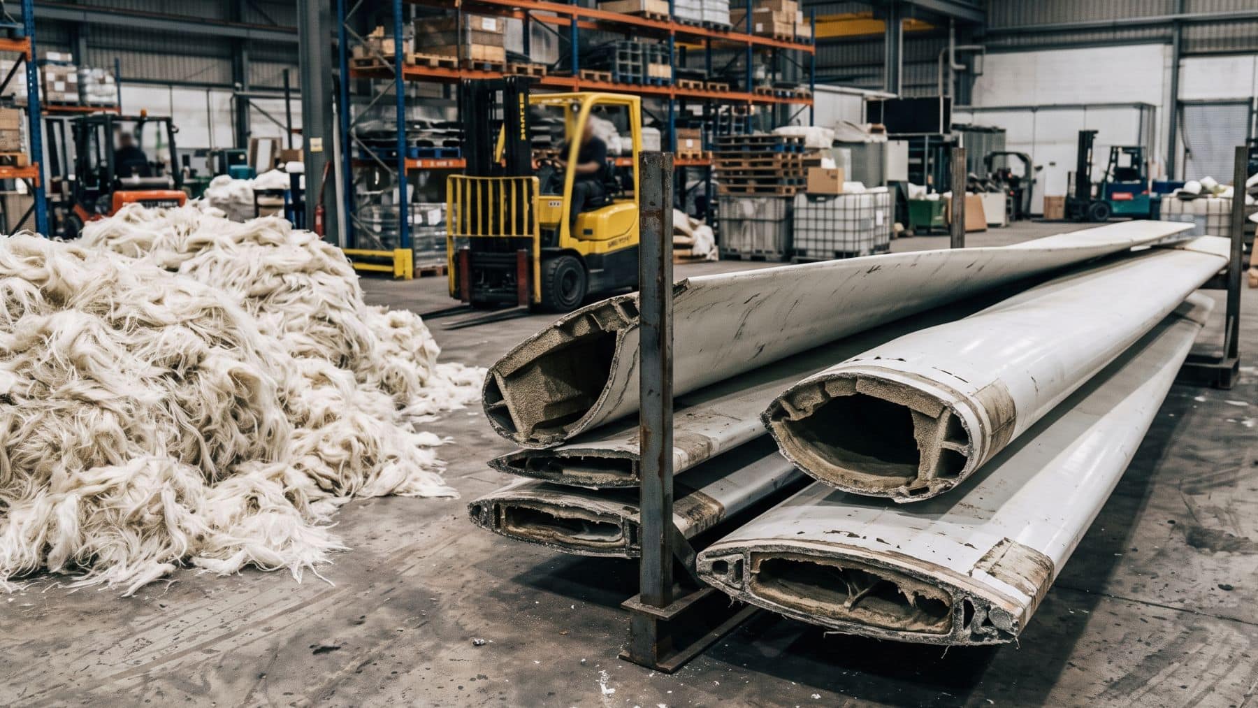 A wind turbine blade can run beyond 170 feet, and when it wears out a Tennessee company bakes the whole thing down to recover the clean glass fiber the industry once paid to bury 1 Recovered glass fiber from a wind turbine blade in a recycling plant