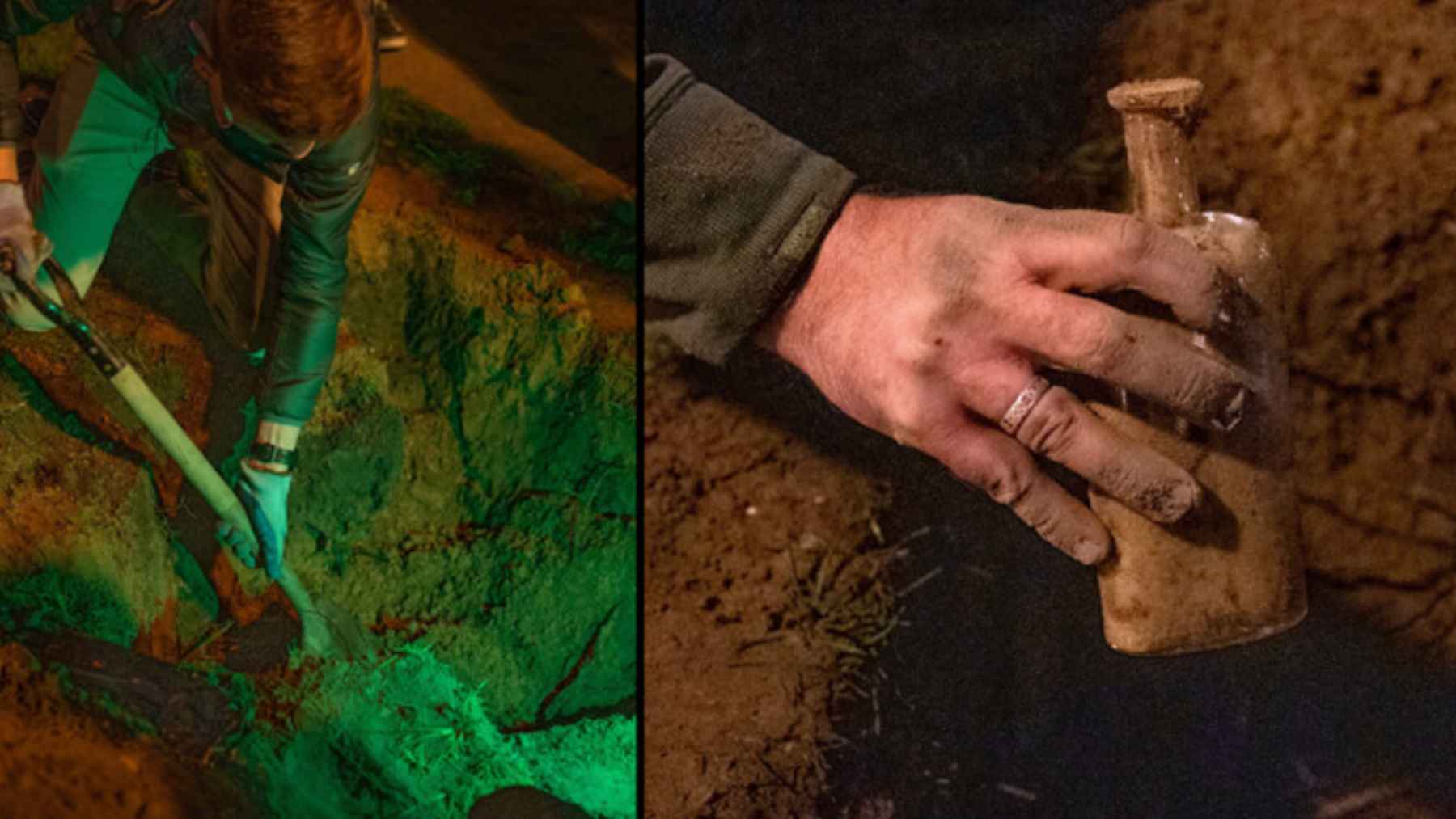 A glass bottle of buried seeds lifted from sandy ground