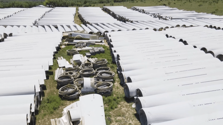 Cut sections of turbine blades stacked at a landfill trench