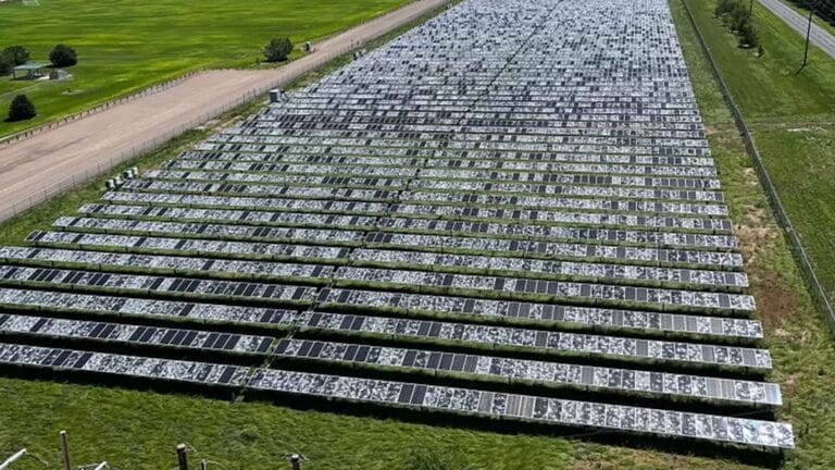 Shattered flat solar panels beside tilted hail stow rows after Texas hailstorm, texas solar farm