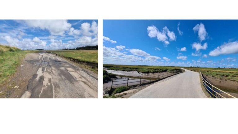Freshly resurfaced tidal causeway at Sunderland Point with seawater pooling at the edges