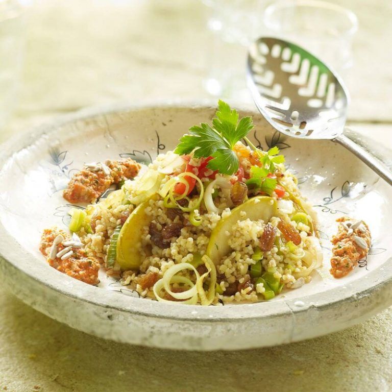 Bulgur de puerro y manzana con aliño de girasol y pimientos 2 Bulgur de puerro y manzana con aliño de girasol y pimientos