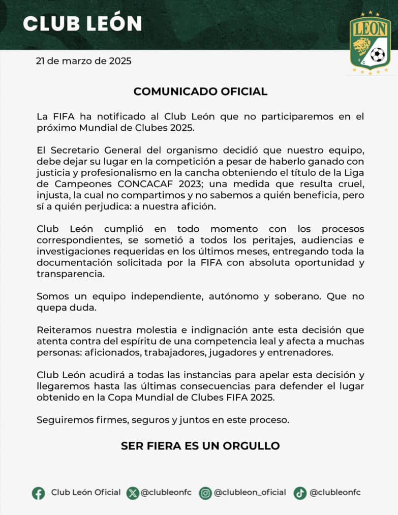Club León se queda afuera del Mundial de clubes por decisión de la FIFA 2 Club León